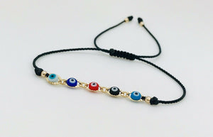 Pulsera Negra Con Ojitos Multicolor Oro Laminado