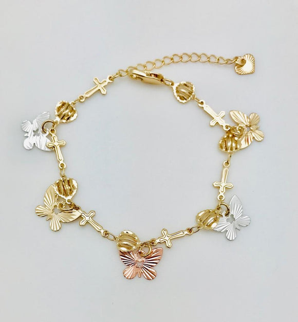 Pulsera Mariposas Cruses Oro Laminado