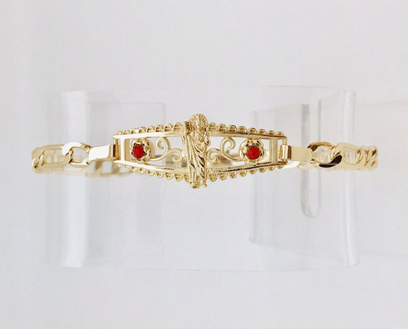 Pulsera De San Judas Con Pedrería Roja Oro Laminado