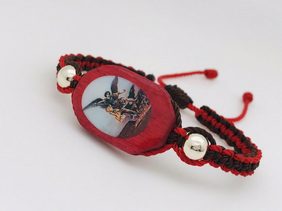 Pulsera Roja Y Cafe San Miguel Arcangel Con Oro Laminado