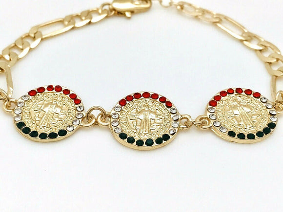 Pulsera San Benito Tres Medallas Tricolor Oro Laminado