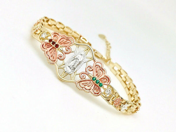 Pulsera Virgen De Guadalupe Con Mariposas Tri Color Oro Laminado Tres Tonos