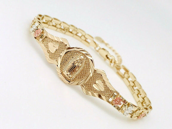 Pulsera Tres Tonos De La Virgen De Guadalupe Con Flores